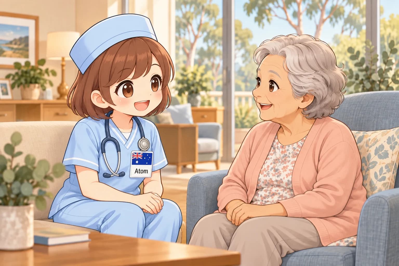 ภาพการ์ตูนพยาบาล AtomDekNurse นั่งพูดคุยกับผู้สูงอายุอย่างเป็นกันเอง