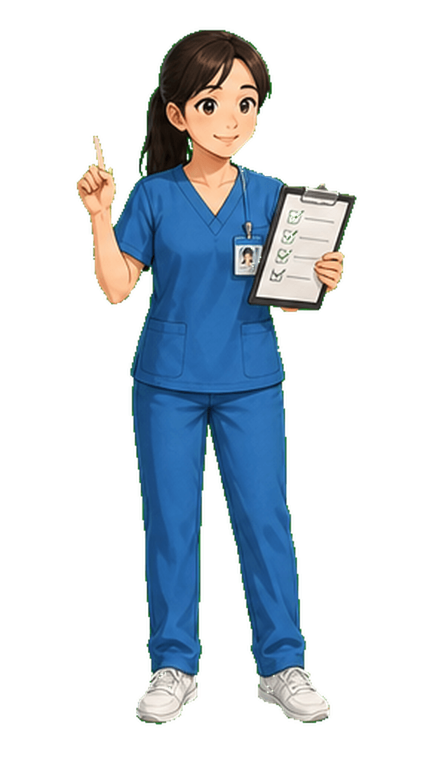 Mai, a Thai aged care student carer in blue scrubs holding a clipboard
