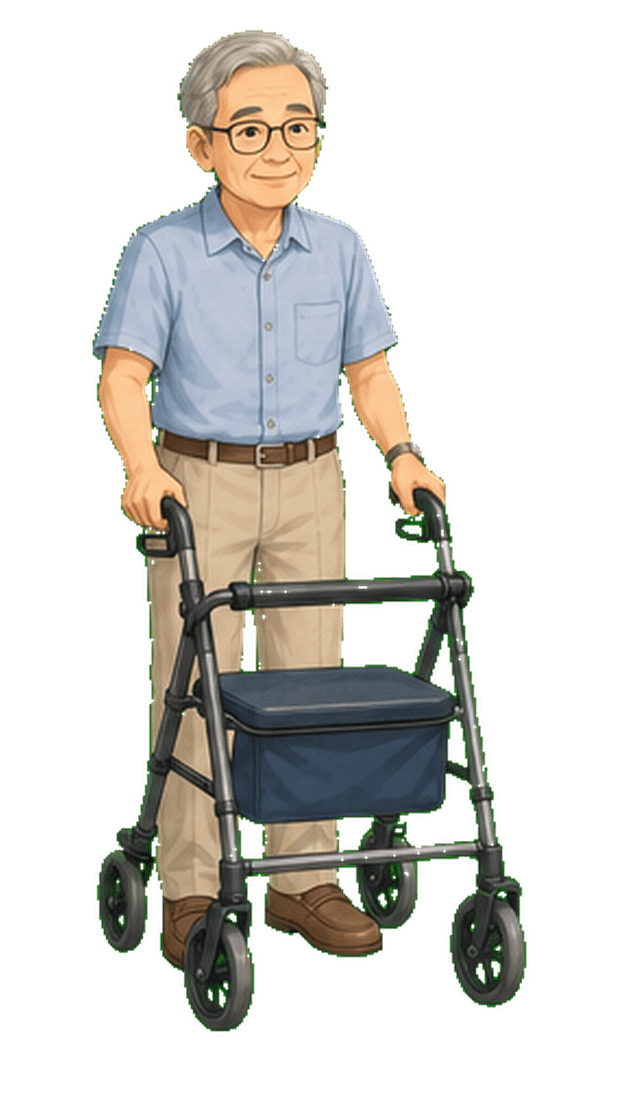 Khun Somchai, an older resident using a four-wheel walker