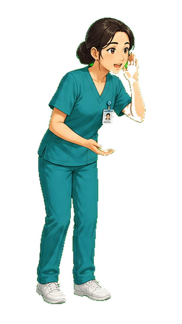 Mina, an RN team leader in teal scrubs holding a tablet