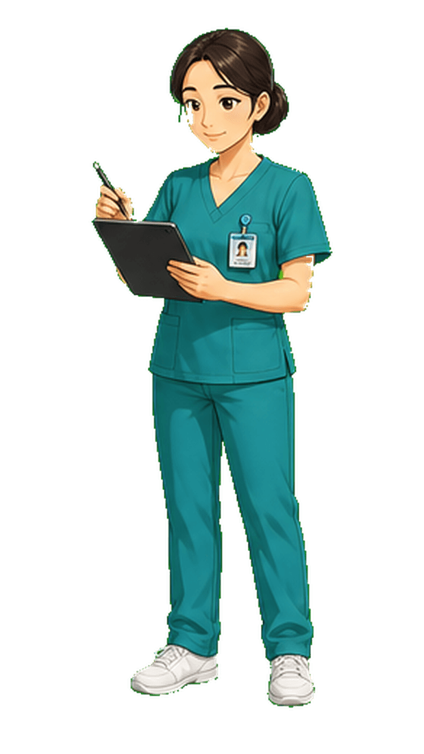Mina, an RN team leader in teal scrubs holding a tablet